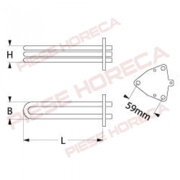 Rezistenta boiler expresor CIMBALI, putere 3750-4500W, alimentare 220-240V, 3 circuite, lungime- 380mm, montare pe 59mm, lungime teaca termostat 150mm
